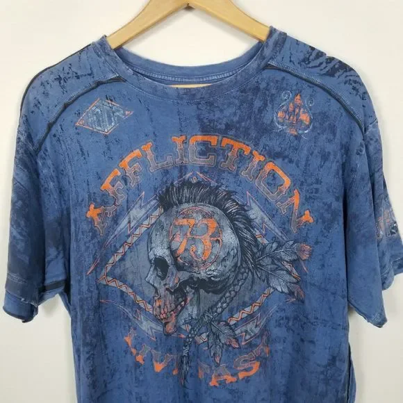 Affliction American Customs Warpath Blue Distressed Skull Graphic T-Shirt Sz XL - Picture 2 of 13